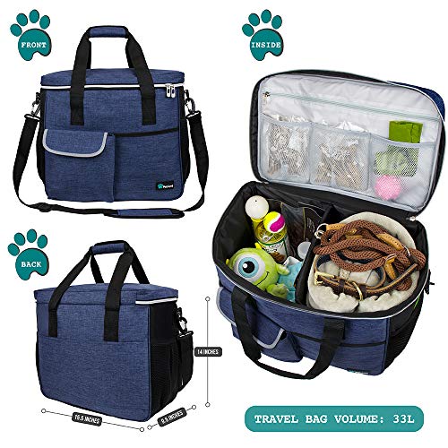 PetAmi Dog Travel Bag Organizer, Pet Travel Kit with 2 Food Containers & 2 Collapsible Dog Bowls, Pet Supplies Tote with Luggage Sleeve, Weekend Road Trip Camping Essentials, Navy Blue, Large - color: Navy, size: Large - 15.5"L x 9.5"W x 14.0"H