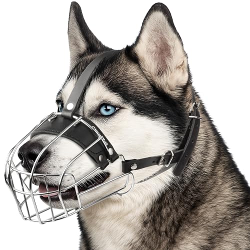Metal Husky Muzzle for Large Sized Dog – Basket Muzzle for Dogs with Adjustable Leather Straps – Steel Cage Dog Muzzle to Prevent Biting and Eating – Mouth Guard for Large and Medium Dogs