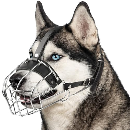 Metal Husky Muzzle for Large Sized Dog – Basket Muzzle for Dogs with Adjustable Leather Straps – Steel Cage Dog Muzzle to Prevent Biting and Eating – Mouth Guard for Large and Medium Dogs