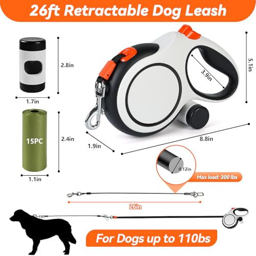 Upgraded Retractable Dog Leash with Chew Proof Cable, 26ft Heavy Duty Dog Leash for Large Dogs up to 110lbs, No-Tangle, Non-Slip Handle, One-Handed Brake, with Poop Bag Holder (Orange, L 26ft) - color: Orange