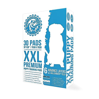 Bulldogology Puppy Pee Pads XXL with Adhesive Sticky Tape - Extra Large Dog Training Wee Pads (30x30) 6 Layers with Extra Quick Dry Bullsorbent Polymer Tech (30-Count, White) - size: 30-Count (30x30)