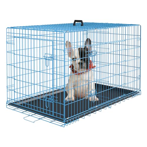PayLessHere Small Dog Crate Kennel 24 inches Metal Dog Cage Double-Door Folding Travel Indoor Outdoor Puppy Playpen with Divider and Handle Plastic Tray,Blue - color: Blue, size: 24.0"L x 16.0"W x 19.0"H