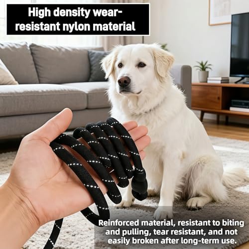 Heavy Duty Dog Leash, Black, High-Density Nylon Rope, 6 ft, Padded Foam Handle, Reflective, 360° Rotating Metal Buckle