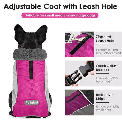 Petglad Dog Coat, Waterproof Ripstop Dog Winter Jacket with Leash Hole, Reflective Adjustable Warm Pet Fleece Snow Sweater for Small Medium Large Dogs - Rosy Red, M - color: Rosy Red, size: M