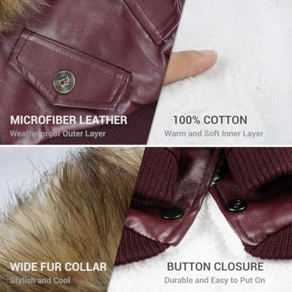 LESYPET Dog Leather Jacket for Small Dogs, Waterproof Dog Winter Jacket Puppy Coat with Fleece Lined, Ultra Warm Fur Collar Doggie Coat, Red S - color: Wine Red, size: Small