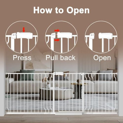 WAOWAO Baby Gate 134-158cm(53-62인치) 엑스트라 와이드 압력 장착 워크 스루 스윙 자동 닫힘 안전 화이트 메탈 유아 어린이 개 애완동물 강아지 계단, 출입구, 주방용 - color: 화이트., size: 52.8-61.8"/134.11-156.97cm