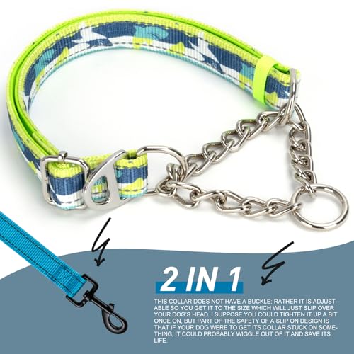 Reflective Martingale Dog Collar - No-Pull Adjustable Training Collar with Soft Nylon & Chain, Shark Pattern for Medium, Large & XL Dogs (Shark XL) - color: 10, size: XL