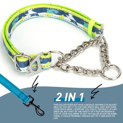 Reflective Martingale Dog Collar - No-Pull Adjustable Training Collar with Soft Nylon & Chain, Shark Pattern for Medium, Large & XL Dogs (Shark M) - color: 10, size: M(Neck12"-17")