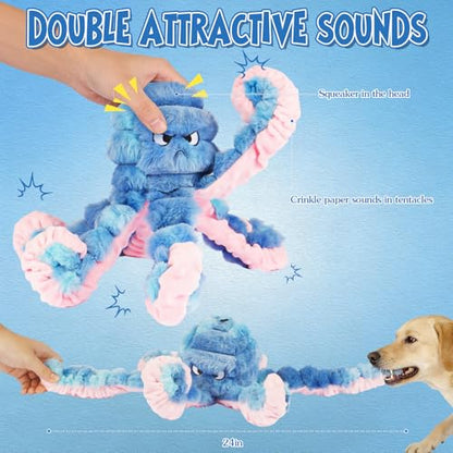 Tough Octopus Dog Toy, Interactive Squeaky & Crinkle Tug of War Toy for Aggressive Chewers, Large Durable Plush Chew Toys to Keep Dogs Busy- Crinkle Octopus, Large (Blue) - color: Blue