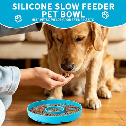 Dog Bowl Silicone Slow Feeder, Windspout Puzzle Shaped Anti-Choking Pet Food Bowls 2 Cups Capacity for Medium Breeds with Non-Slip Suction Cup Base Maze Dish for Fast Eater