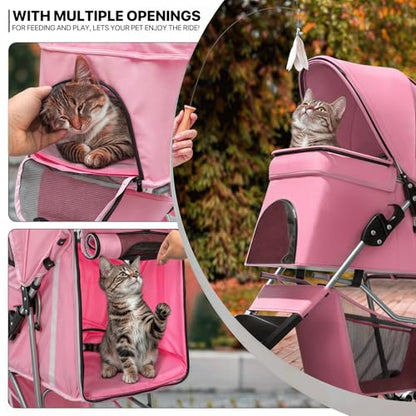 MoNiBloom 3-Wheels Foldable Pet Stroller with Waterproof Cover, Pet Strolling Cart for Small/Medium Dogs and Cats with Storage Basket and Cup Holder, Breathable and Visible Mesh for All-Season, Pink - color: Pink