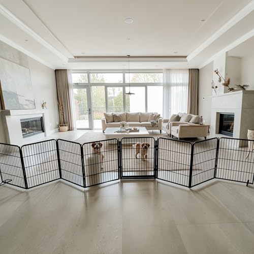 Extra Wide Adjustable Dog Gate w/Door – 32 inch Tall & Up to 214 Inch Wide 8 Panel Indoor Pet Barrier, Freestanding Heavy Duty Black Metal Fence for Small & Medium Dogs - size: 32 Inch