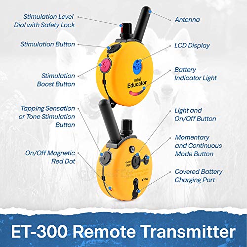 Educator ET-300 Mini E Collar for Dog Training with Remote - 1/2 Mile Range, Waterproof, 100 Blunt Stimulation Levels, Tone or Vibration Mode, Night Light Tracking for Small, Medium & Large Dogs - size: 1-Dog (ET-300)