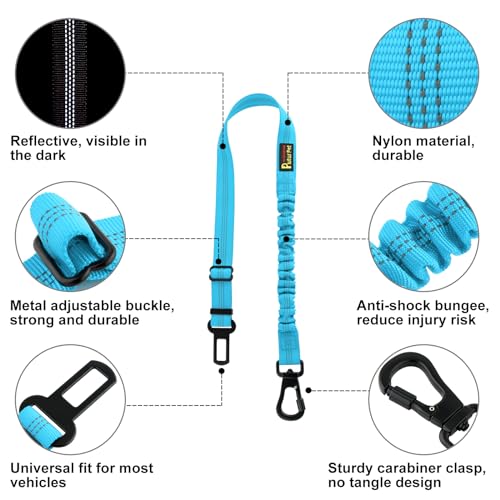 Plutus Pet Dog Seat Belt for Car, Adjustable Dog Car Harness with Carabiner Clip, Reflective Safety Dog Seatbelt Leash with Elastic Bungee, Cyan - color: Cyan