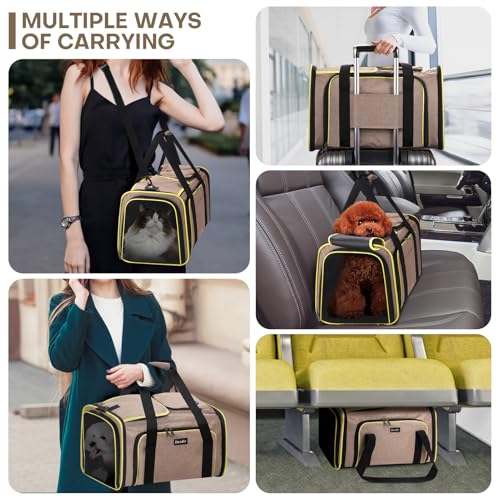 Pet Carrier, Large Soft Sided Expandable Travel Carrier with Steel Frame, Anti-Scratch Mesh, Removable Fleece Pad and Pockets for Cats, Dogs and Small Animals up to 15 lbs (Brown, 4 Sides Expandable)