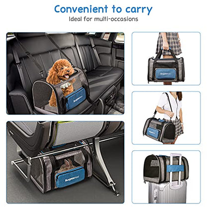 BurgeonNest Cat Carrier, Airline Approved Dog Carrier, Soft Sided Cat Pet Carrier for Small Medium Cats Dogs Under 10 lbs with Side Bag, Collapsible Travel Kitten Puppy Carriers, Blue - color: Blue, size: 17.5"L x 11.0"W x 11.0"H