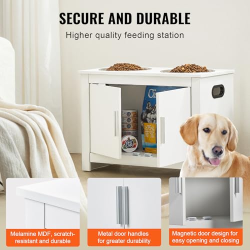 VEVOR Elevated Pet Bowls with Storage Cabinet, Feeding Station with 2 Raised Bowls, Wooden Stand with Handles & Magnetic Doors, Pet Feeder & Toy Organizer, White - size: 23.62x11.81x17.32 inch