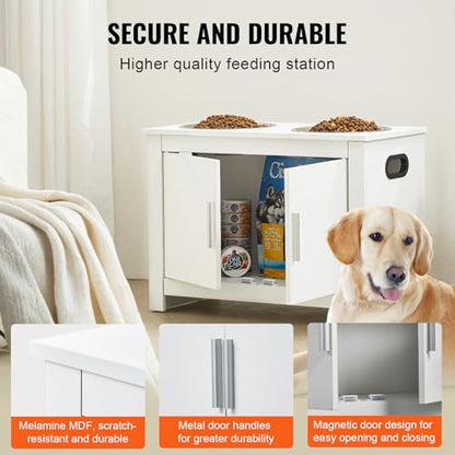 VEVOR Elevated Pet Bowls with Storage Cabinet, Feeding Station with 2 Raised Bowls, Wooden Stand with Handles & Magnetic Doors, Pet Feeder & Toy Organizer, White - size: 23.62x11.81x17.32 inch