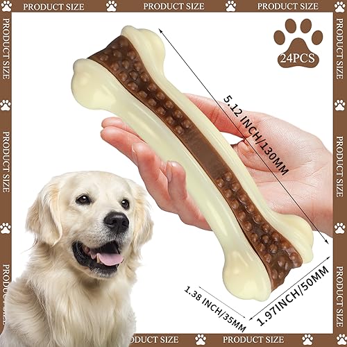 Leyndo 24 Pcs Dog Bones Toys for Aggressive Chewers Tough Nylon Beef Dog Teething Chew Toys for Aggressive Chewers Puppies Medium Large Breeds Teeth Cleaning and Training