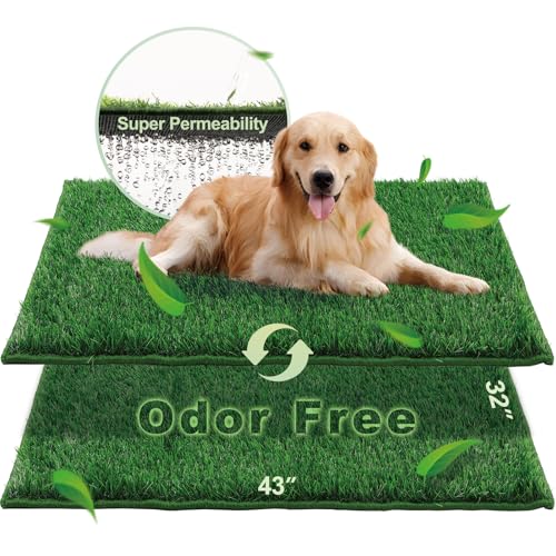 HQ4US 4LEGS Artificial Grass, Dog Pee Grass Pads for Dogs Potty, 2PCS Odor Free Fake Grass for Dogs X-Large 43”×32” with Countless Drainage Holes, Dog Potty Grass Hemmed Edge Realistic - size: XL - 43'' x 32'' for Dog＜ 38" Length