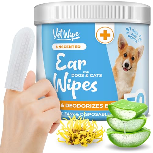 Dog Ear Cleaner Wipes - Finger Ear Wipes for Dogs & Cats with Otic Cleaning Solution, Sooths and Deodorizes. Pet Ear Relief - 50 Count, White