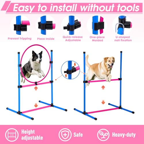 Dog Agility Course Backyard Set, Dog Agility Equipment, Pet obstacle Course Backyard with 6 Dual Mode Weave Poles, 2 Adjustable Hurdle, Jump Ring, Tunnel, Pause Box, Toy Balls and 2 Carrying Bags,Pink - size: Pink-15 PCS SET