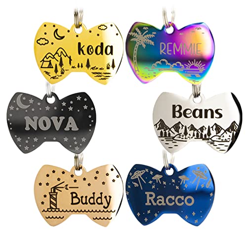 Personalized Dog Tag with 5 Lines of Custom Deep Engraved Durable Stainless Steel Pet ID Name Tag Designer Small Size Bow Tie - size: Small, style: Bow-Tie