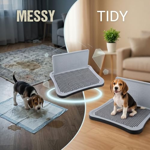 Dog Toilet with Wall, 20.1 x 15.7 x 1.6 in Black Plastic Training Potty Tray for Indoor Pee Pad Station, Removable Grid and Elevated Splash Guard, Suitable for Various Breeds