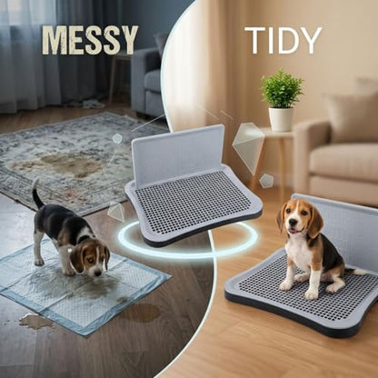 Dog Toilet with Wall, 20.1 x 15.7 x 1.6 in Black Plastic Training Potty Tray for Indoor Pee Pad Station, Removable Grid and Elevated Splash Guard, Suitable for Various Breeds