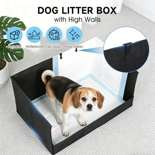 Dog Litter Box with High Walls, Pee Pad Holder Foldable, No Assembly, Waterproof, Seamless, Easy to Clean, Portable for Travel, No Spill Indoor Dog Potty Tray for Puppy & Medium Dogs - size: Medium