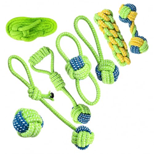 Durable Cotton Rope Dog Toys 7 Piece Set, Tough Chew Knot Balls for Teeth Cleaning, Interactive Tug and Fetch Toys for Small Medium Large Dogs, Indoor Outdoor Play - color: Fruit green eight-piece set
