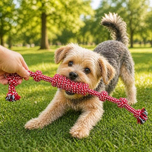 Durable Cotton Rope Dog Toy for Small Chewers, Tug of War Chew Toy with Knots, Teeth Cleaning Puppy Toy for Small -Extra Small Dogs, Bite Resistant Fetch Training Toy (Red) - color: Red