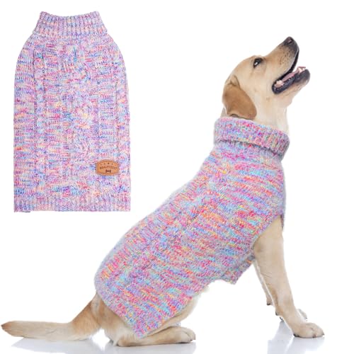 BEAUTYZOO Small Dog Sweater -Turtleneck Pullover Classic Cable Knit Fuzzy Winter Coat Dog Cold Weather Clothes for Small Medium Dogs Puppy Girl Boys(Rainbow Pink, M/L) - color: Gradient Pink, size: M/L (Back: 18",Chest: 23", Neck: 15")