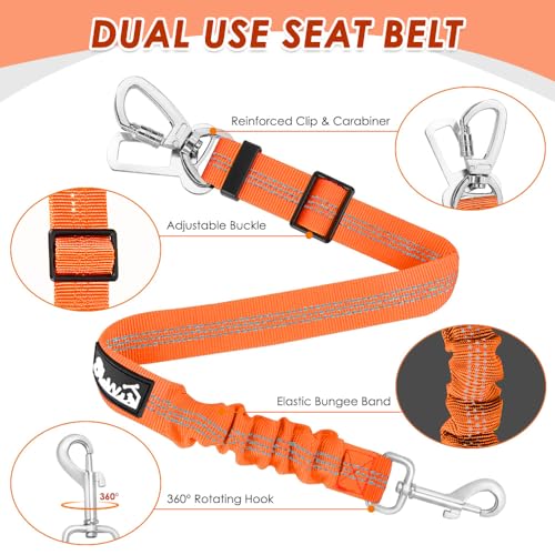 SlowTon Dog Seatbelt, 2 Pack Dog Seat Belt Car Leash Adjustable Elastic Bungee Buffer Heavy Duty Nylon Reflective Pet Safety Tether Connect to Dog Harness for Travel Riding in Vehicle (Daul Clip, OR) - color: Orange