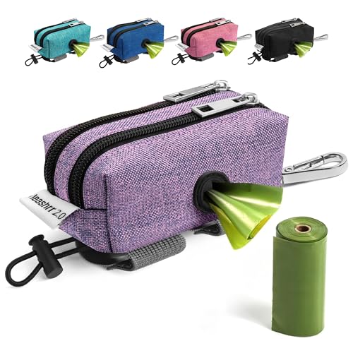 Dog Poop Bag Holder for Leashes - Dog Poop Bag Dispenser and Treat Holder with 2 Waterproof Pouches for Pet Waste Bags and Walking Accessories + 1 Free Roll - Leashrr 2.0 (Purple) - color: Purple