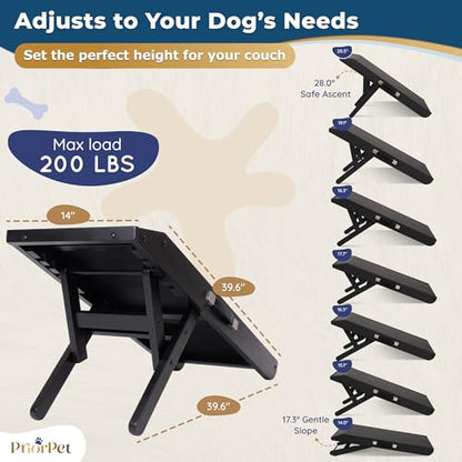 Dog Ramp for Couch – Non-Slip, Sturdy Build Foldable Wooden Dog Ramp – Supports up to 200 lbs – 7 Adjustable Heights (14" – 20.5") – Enhanced Stability – Birchwood Pet Ramp for Small Dogs – Black - color: Black