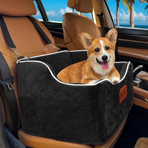 Dog Car Seat for Small Medium Dogs, Detachable Washable Dogs Booster Seat Under 35lbs, Elevated Dog Car Bed with Storage Pockets (Black, One Size) - color: Black