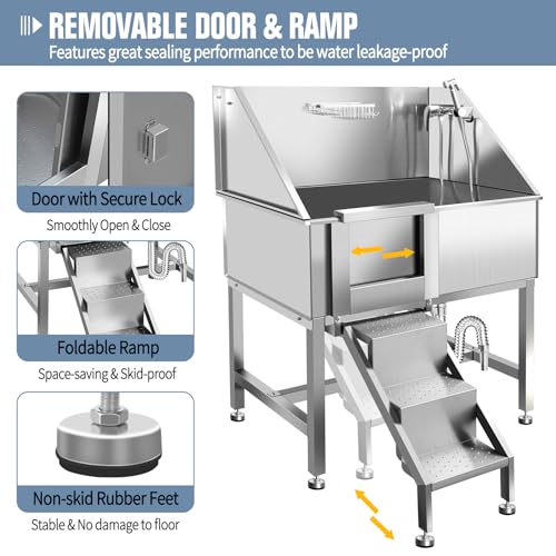 38" Dog Bathing Station, Professional Dog Washing Station Stainless Steel Dog Grooming Tub for Home,Equipped with Three Anti-Slip Steps, Removable Door, Pet Wash Station for Pet,L-RAMP - color: L-RAMP