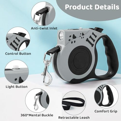 16FT Retractable Dog Leash with LED Flashlight for Night Walking, USB Rechargeable Hands-Free Leash for Small Medium Dogs, Automatic Locking & Extending, Grey