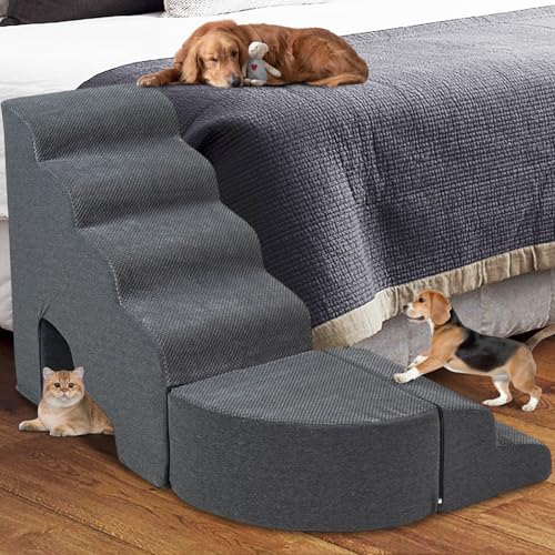 Dog Stairs for High Beds up to 30-36inch, A.FATI 6 Tiers Dog Steps Pet Stairs Adjust to Left Side of Bed, Non-Slip Pet Ramp for Small Dogs/Old Pets - color: Dark Grey L-shape 30" H