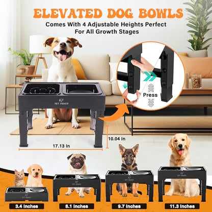 Elevated Dog Bowls with Collapsible Scoop, Slow Feeder Dog Bowls & No-Spill Water Bowl, Raised Dog Bowl Stand 4 Adjustable Heights for Small, Medium & Large Dogs - color: No-Spill Water Bowl & Slow Feeder Black