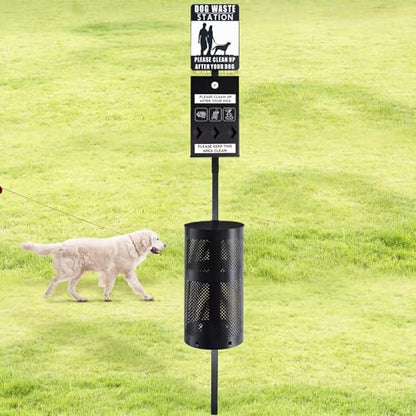 Qinyoung Dog Waste Station Galvanized Steel Outdoor Pet Bin with Poop Bag Dispenser Reflective Sign Rust Proof for Backyard Commercial Park (Black) - color: Black