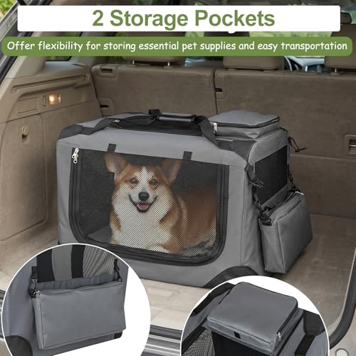 Giantex Folding Soft Dog Crate, 24 Inch Foldable Portable Dog Kennel for Small Dogs Puppy Cats, Collapsible Soft-Sided Pet Travel Crate with 5-Sided Mesh, 3 Doors, Washable Mat & Storage Pockets - size: 24.0"L x 17.0"W x 17.0"H