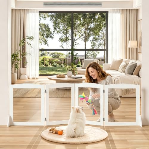Snughome Clear Freestanding Dog Gate Indoor, 23.62’’H Acrylic Transparent Pet Gate for Dogs & Puppies, Foldable No Drill Pet Barrier, Adjustable Room Divider Fence for Doorway, Stairs, 4 Panel - size: 4 Panel-23.62" H