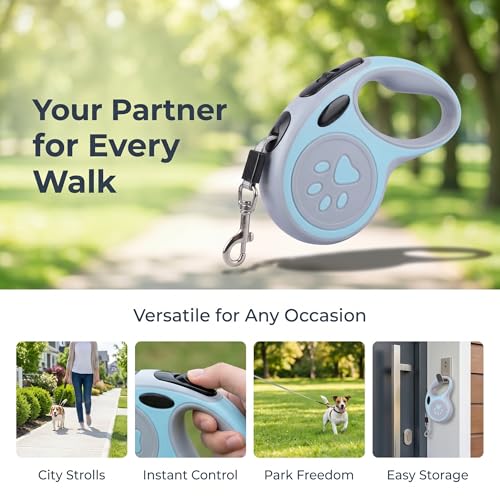 Retractable Dog Leash for Small Medium Dogs One-Click Brake & Lock Anti-Slip Ergonomic Handle 360° Tangle-Free Zinc Alloy Hook Durable ABS Casing-9.84feet Blue - color: Blue, size: 1