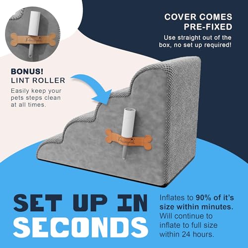 PAWZY Dog Stairs for Bed & Couch, 4-Step Foam Pet Steps 20” High for Small Dogs & Cats up to 60 lbs, Wide Non-Slip Stairs, Waterproof Washable Zipper Cover, No Assembly, Grey - size: 4 Step