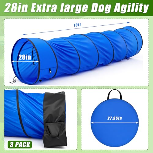 28 in 10 Foot Blue Extra Large Dog Agility Tunnel with Sandbags Dogs Agility Training Equipment Tunnel with 3 Pack Sandbags Carry Bag and 4 Ground Spikes for All Medium and Large Dogs - color: Blue, size: 28in X 10ft