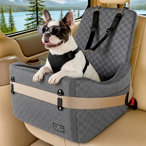 PETSFIT Dog Car Seat for Small/Medium Dogs Up to 35 lbs – Patented Safety System, 5" Memory Foam Pet Booster Car Seat, Fully Detachable and Washable Dog Carseat with 2 Storage Pockets (Grey) - color: Grey