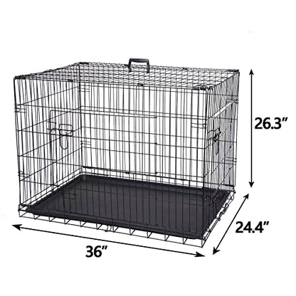 Portable Pet Crate 36 Inch Dog Crate for Medium Dogs Foldable Double Door Metal Frame Kennel Cage with Handle and Removable Proof Tray for Indoor & Outdoor Travel Use