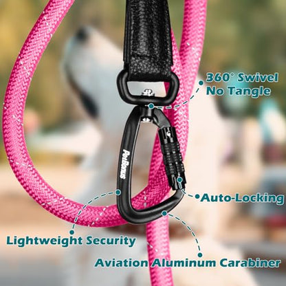 PetBonus Rope Dog Leash, 5 FT Heavy Duty Pet Nylon Leash with Auto Locking Aviation Aluminum Carabiner, Comfortable Padded Handle, Reflective Walking Training Lead for Medium Large Breeds (Pink) - color: Pink
